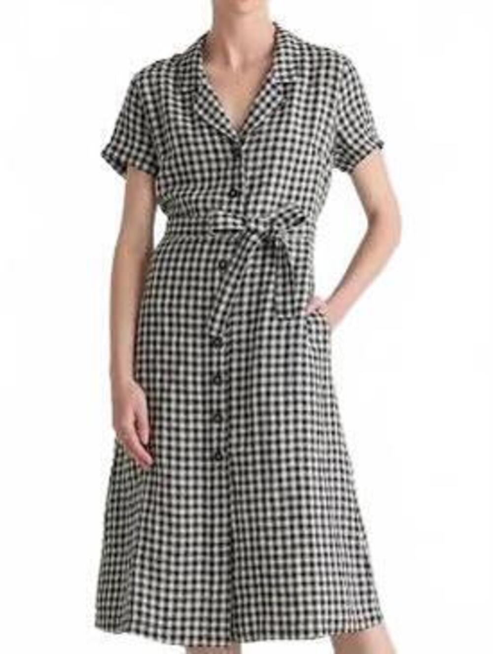 Quince 100% Linen Black and White Gingham Button-Front Midi Dress Cottagecore